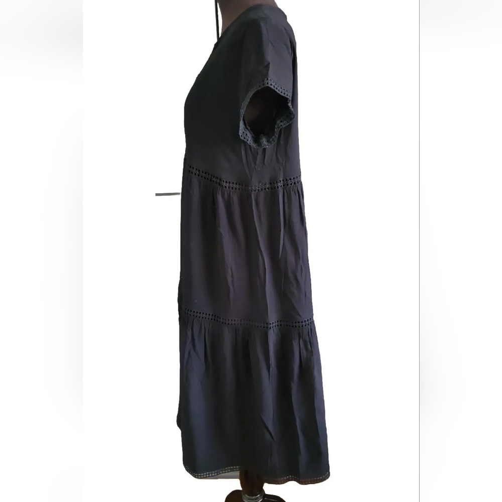 Imanimo Eyelet Trim Maternity Tiered Babymoon Midi Dress Viscose Black Short Slv - Picture 3 of 5